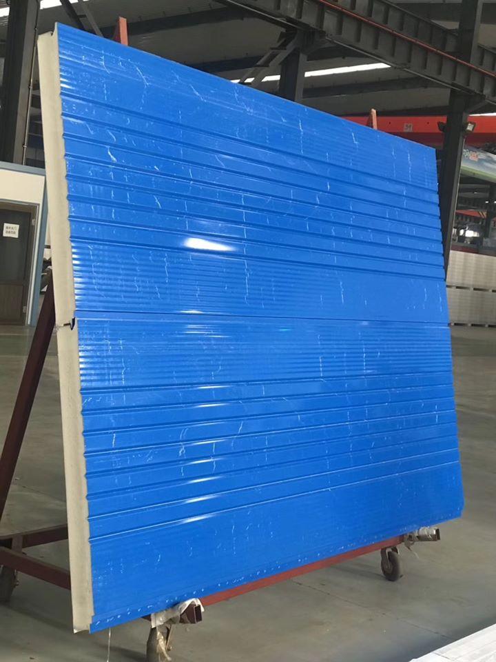 Blue PU sandwich wall panel on display — wholesale insulated panels from Sunotech China