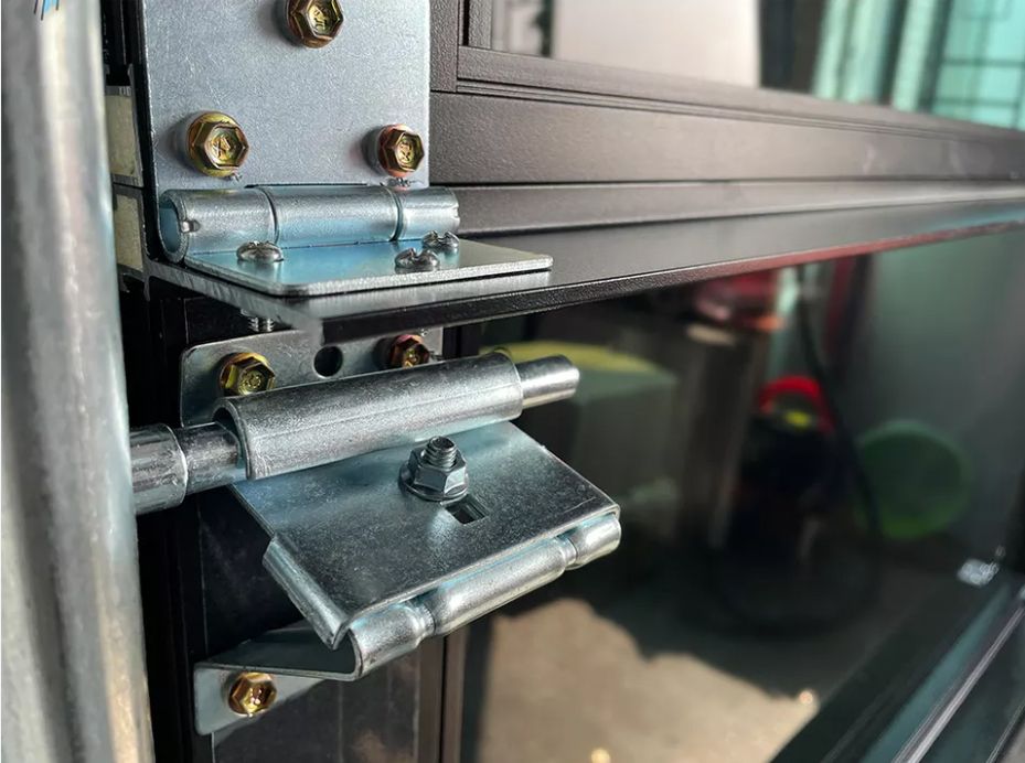 Garage door hinges and rollers hardware close-up
